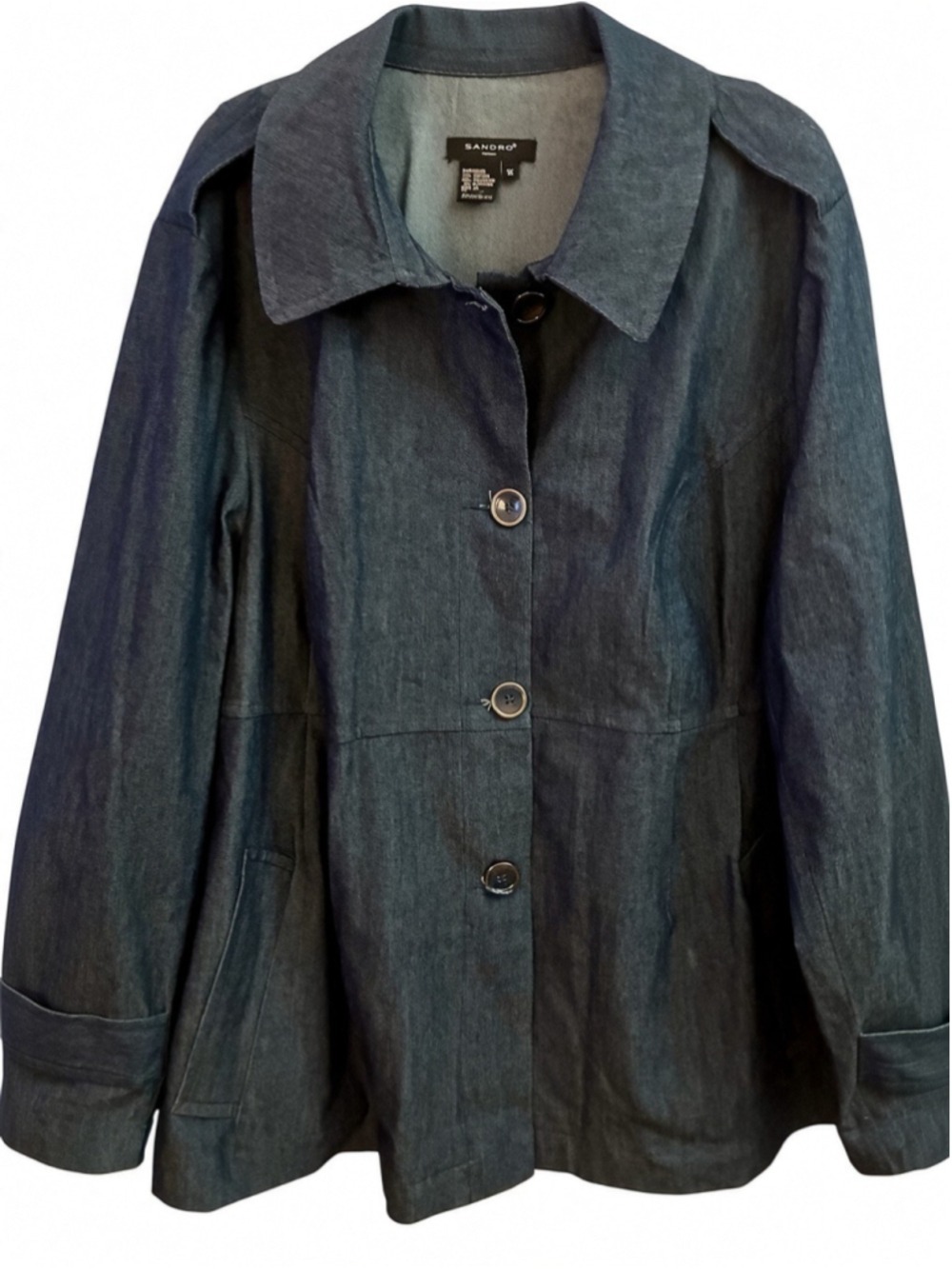 Sandro Woman Blue Denim Trench Coat Button Front Epaulets Plus Size 1X - Picture 4 of 11